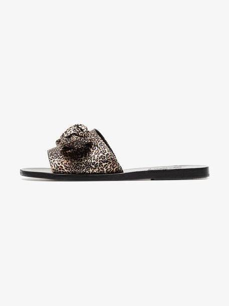 Ancient Greek Sandals brown Taygete leopard print satin bow slides cover image