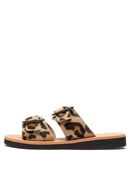 Ancient Greek Sandals - Iaso Buckled Leopard Print Calf Hair Slides - Womens - Leopard cover image