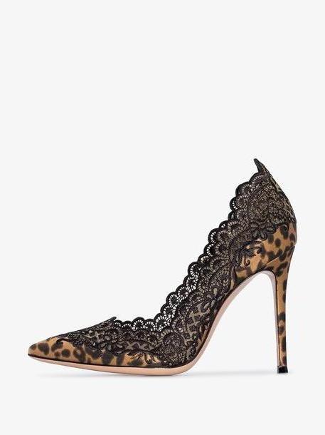 Gianvito Rossi black 105 leopard-print lace trimmed pumps cover image