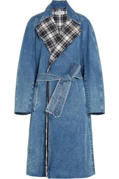 Balenciaga - Belted Denim And Quilted Checked Flannel Coat - Mid denim cover image