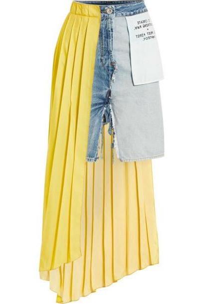 Unravel Project - Asymmetric Distressed Denim And Pleated Crepe De Chine Skirt - Light denim cover image