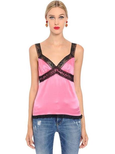 DOLCE & GABBANA Silk Satin Lingerie Top With Logo Lace in pink cover image