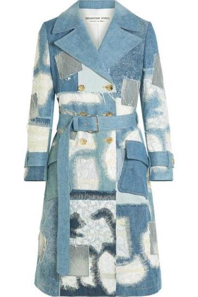 Junya Watanabe - Lace-trimmed Double-breasted Patchwork Denim Coat - Blue cover image