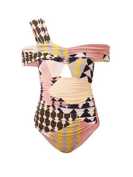 Self-portrait - Geometric Printed One Shoulder Bardot Swimsuit - Womens - Multi cover image