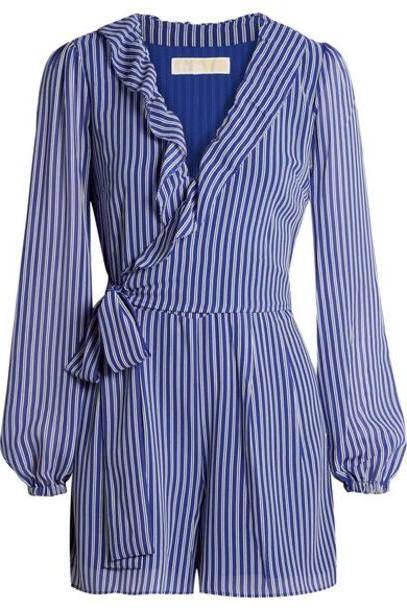MICHAEL Michael Kors - Wrap-effect Ruffled Striped Georgette Playsuit - Blue cover image